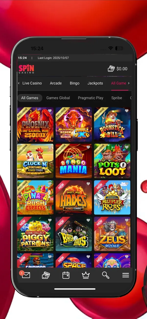 Spin Casino app game lobby